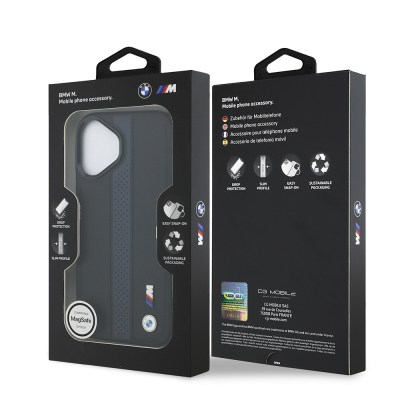 Apple iPhone 17 Case BMW Original Licensed M-safe Charging Feature Leather Back Surface Metal Logo Perforated Strip Design Cover - 18