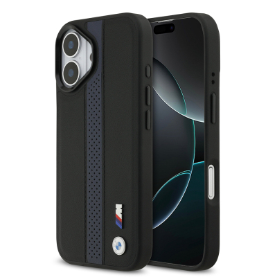 Apple iPhone 17 Case BMW Original Licensed M-safe Charging Feature Leather Back Surface Metal Logo Perforated Strip Design Cover - 3