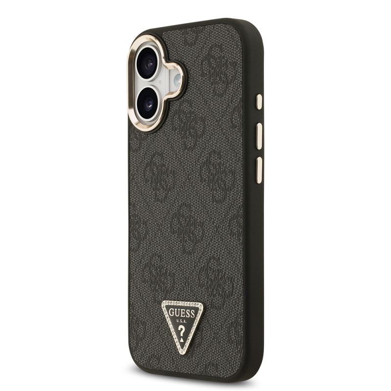 Apple iPhone 17 Case Guess Original Licensed Gold Metal Camera Frame Stone Triangle Logo 4G Patterned Cover - 4