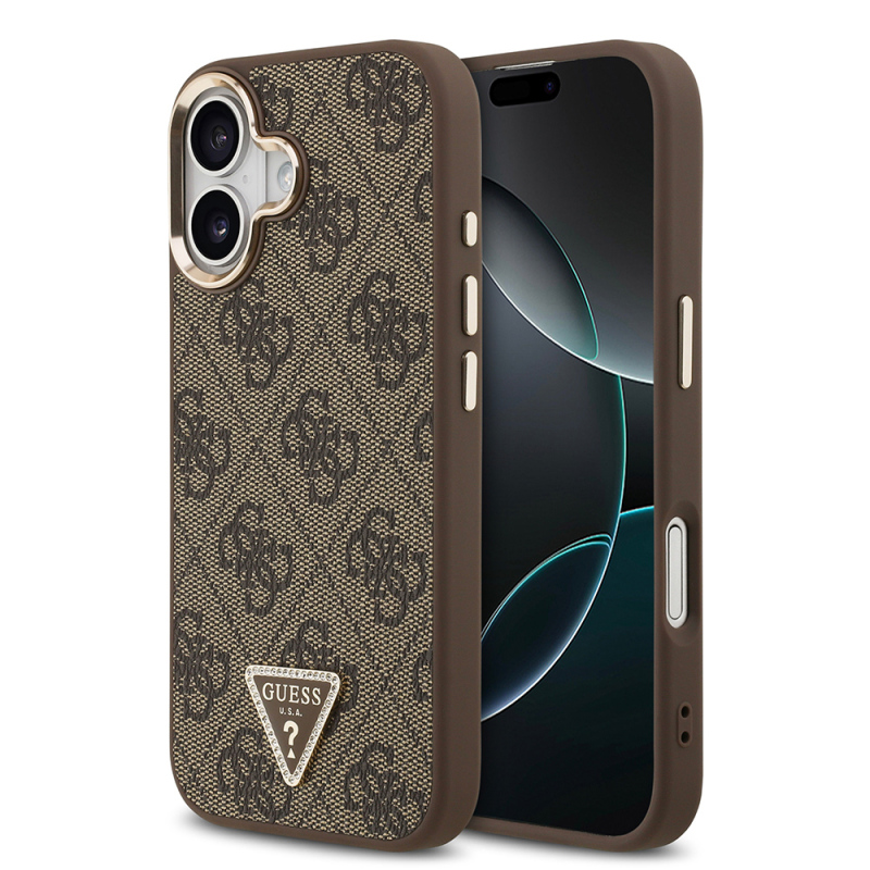 Apple iPhone 17 Case Guess Original Licensed Gold Metal Camera Frame Stone Triangle Logo 4G Patterned Cover - 3