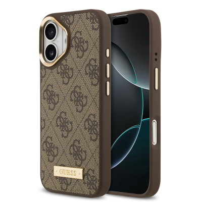 Apple iPhone 17 Case Guess Original Licensed M-safe Charging Feature 4G Patterned PU Metal Plate Classic Logo Cover - 4