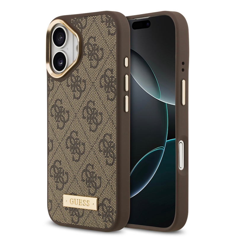 Apple iPhone 17 Case Guess Original Licensed M-safe Charging Feature 4G Patterned PU Metal Plate Classic Logo Cover - 4