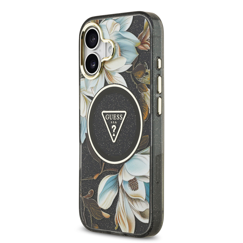 Apple iPhone 17 Case Guess Original Licensed M-safe Charging Feature Glittery Flower Patterned Metal Camera Frame Triangle Logo Cover - 6
