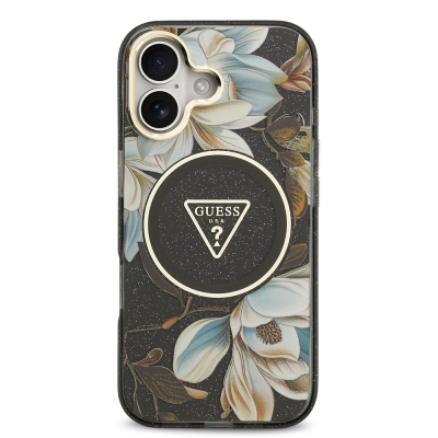 Apple iPhone 17 Case Guess Original Licensed M-safe Charging Feature Glittery Flower Patterned Metal Camera Frame Triangle Logo Cover - 7