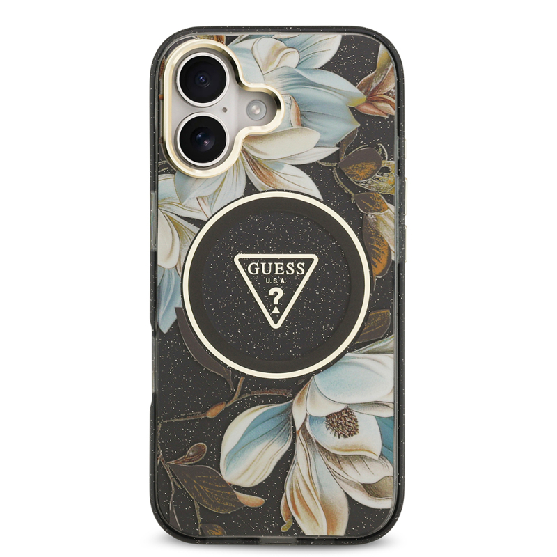 Apple iPhone 17 Case Guess Original Licensed M-safe Charging Feature Glittery Flower Patterned Metal Camera Frame Triangle Logo Cover - 7