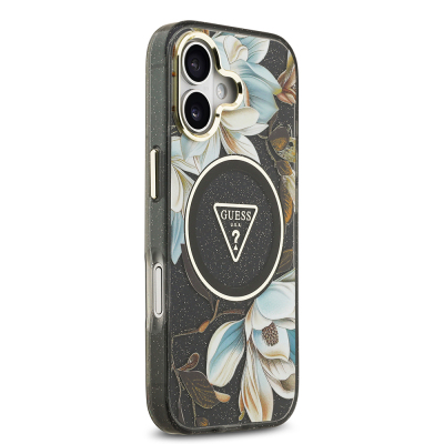 Apple iPhone 17 Case Guess Original Licensed M-safe Charging Feature Glittery Flower Patterned Metal Camera Frame Triangle Logo Cover - 8