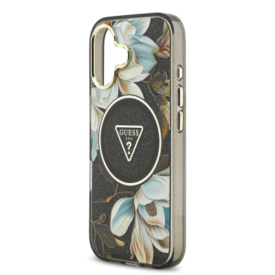 Apple iPhone 17 Case Guess Original Licensed M-safe Charging Feature Glittery Flower Patterned Metal Camera Frame Triangle Logo Cover - 10