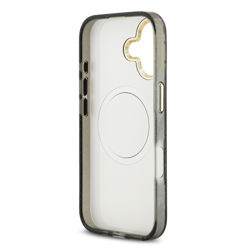 Apple iPhone 17 Case Guess Original Licensed M-safe Charging Feature Glittery Flower Patterned Metal Camera Frame Triangle Logo Cover - 11