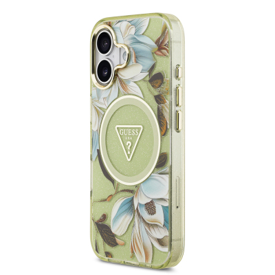 Apple iPhone 17 Case Guess Original Licensed M-safe Charging Feature Glittery Flower Patterned Metal Camera Frame Triangle Logo Cover - 13