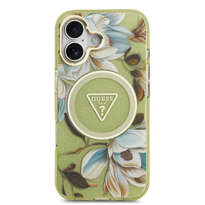 Apple iPhone 17 Case Guess Original Licensed M-safe Charging Feature Glittery Flower Patterned Metal Camera Frame Triangle Logo Cover - 14