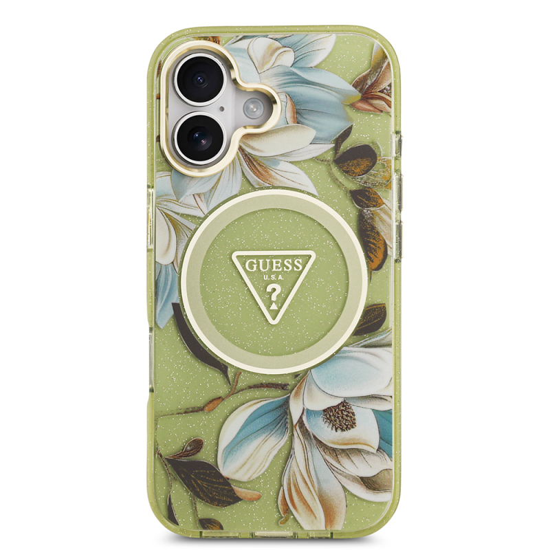 Apple iPhone 17 Case Guess Original Licensed M-safe Charging Feature Glittery Flower Patterned Metal Camera Frame Triangle Logo Cover - 14