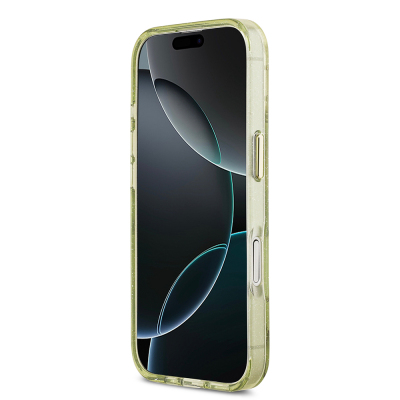 Apple iPhone 17 Case Guess Original Licensed M-safe Charging Feature Glittery Flower Patterned Metal Camera Frame Triangle Logo Cover - 16