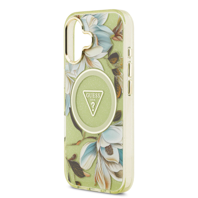 Apple iPhone 17 Case Guess Original Licensed M-safe Charging Feature Glittery Flower Patterned Metal Camera Frame Triangle Logo Cover - 17