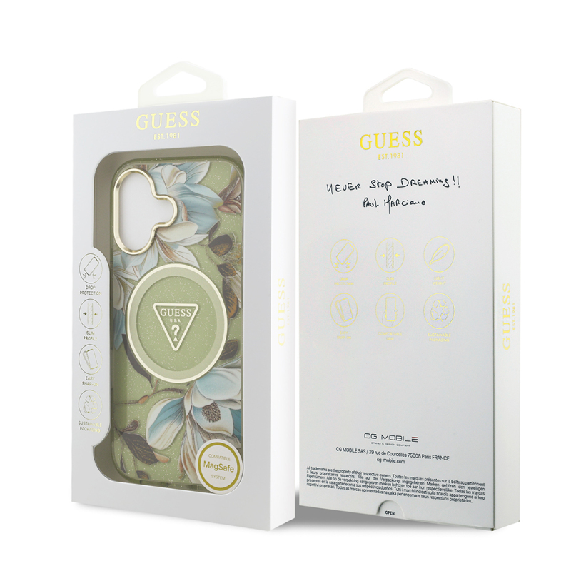 Apple iPhone 17 Case Guess Original Licensed M-safe Charging Feature Glittery Flower Patterned Metal Camera Frame Triangle Logo Cover - 19