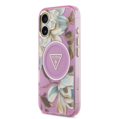Apple iPhone 17 Case Guess Original Licensed M-safe Charging Feature Glittery Flower Patterned Metal Camera Frame Triangle Logo Cover - 20
