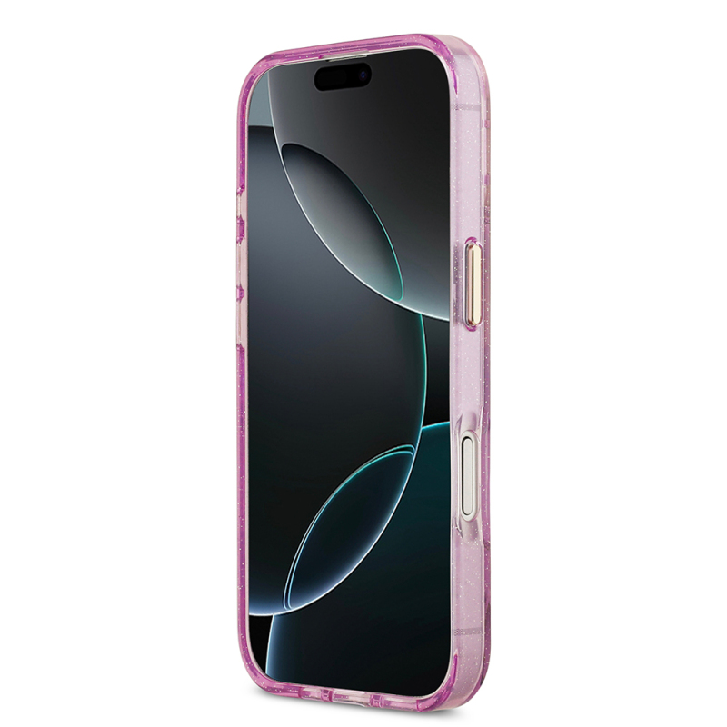 Apple iPhone 17 Case Guess Original Licensed M-safe Charging Feature Glittery Flower Patterned Metal Camera Frame Triangle Logo Cover - 23