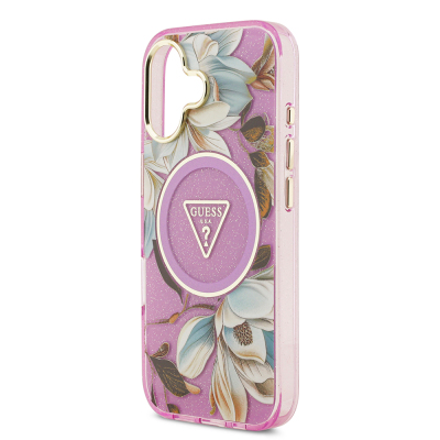 Apple iPhone 17 Case Guess Original Licensed M-safe Charging Feature Glittery Flower Patterned Metal Camera Frame Triangle Logo Cover - 24