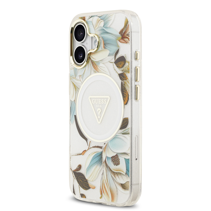 Apple iPhone 17 Case Guess Original Licensed M-safe Charging Feature Glittery Flower Patterned Metal Camera Frame Triangle Logo Cover - 27