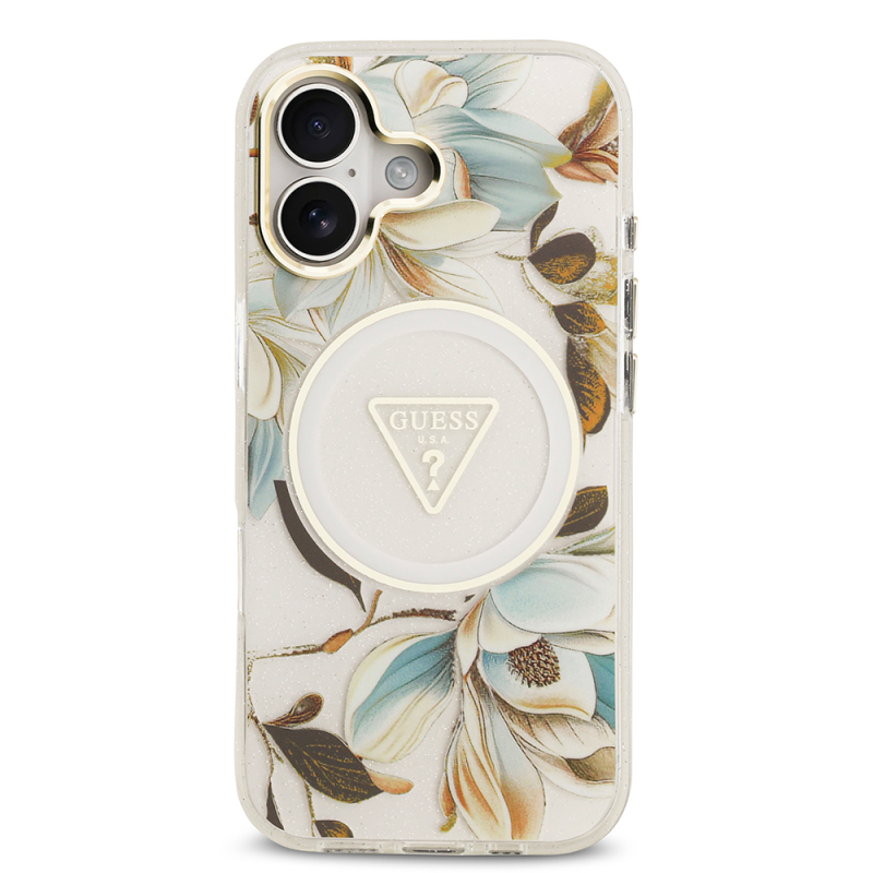 Apple iPhone 17 Case Guess Original Licensed M-safe Charging Feature Glittery Flower Patterned Metal Camera Frame Triangle Logo Cover - 28
