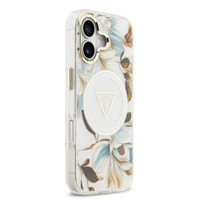 Apple iPhone 17 Case Guess Original Licensed M-safe Charging Feature Glittery Flower Patterned Metal Camera Frame Triangle Logo Cover - 29