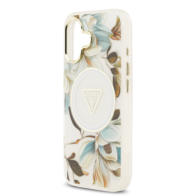 Apple iPhone 17 Case Guess Original Licensed M-safe Charging Feature Glittery Flower Patterned Metal Camera Frame Triangle Logo Cover - 31