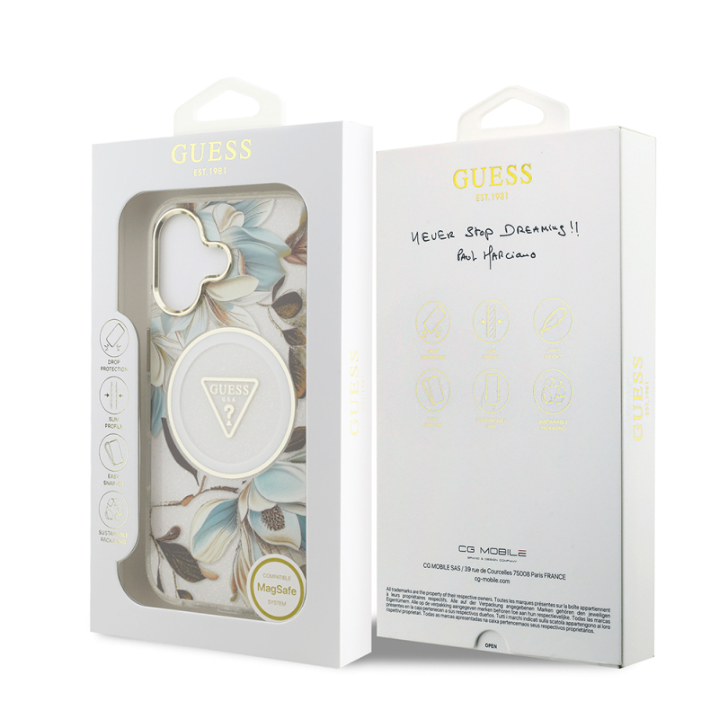 Apple iPhone 17 Case Guess Original Licensed M-safe Charging Feature Glittery Flower Patterned Metal Camera Frame Triangle Logo Cover - 33