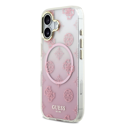 Apple iPhone 17 Case Guess Original Licensed M-safe Charging Feature Glittery Peony Patterned Silicone Cover - 11