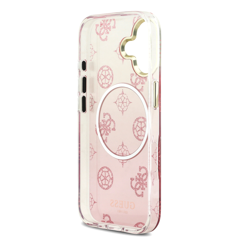 Apple iPhone 17 Case Guess Original Licensed M-safe Charging Feature Glittery Peony Patterned Silicone Cover - 16