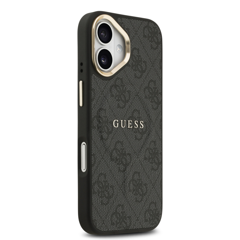 Apple iPhone 17 Case Guess Original Licensed M-safe Charging Feature Gold Metal Camera Frame PU Leather 4G Patterned Text Logo Cover - 5