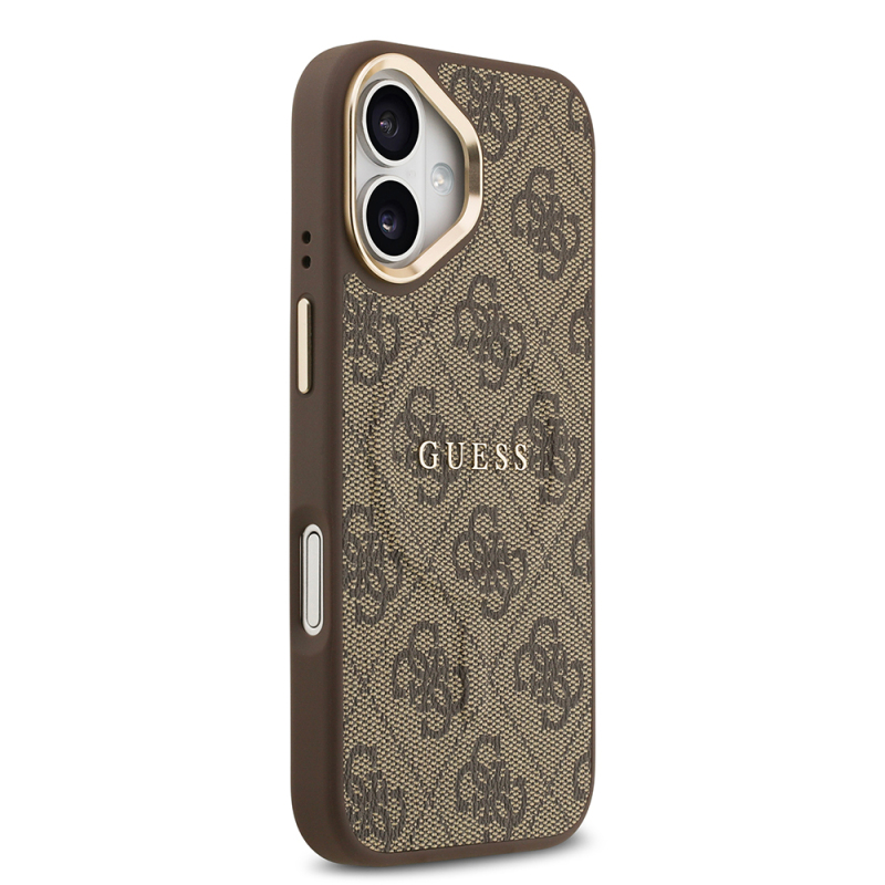 Apple iPhone 17 Case Guess Original Licensed M-safe Charging Feature Gold Metal Camera Frame PU Leather 4G Patterned Text Logo Cover - 12