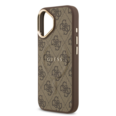 Apple iPhone 17 Case Guess Original Licensed M-safe Charging Feature Gold Metal Camera Frame PU Leather 4G Patterned Text Logo Cover - 14