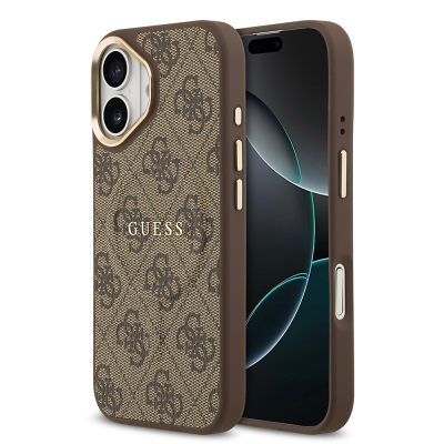 Apple iPhone 17 Case Guess Original Licensed M-safe Charging Feature Gold Metal Camera Frame PU Leather 4G Patterned Text Logo Cover - 3