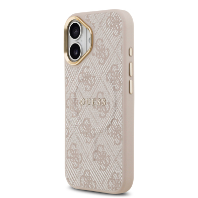 Apple iPhone 17 Case Guess Original Licensed M-safe Charging Feature Gold Metal Camera Frame PU Leather 4G Patterned Text Logo Cover - 27