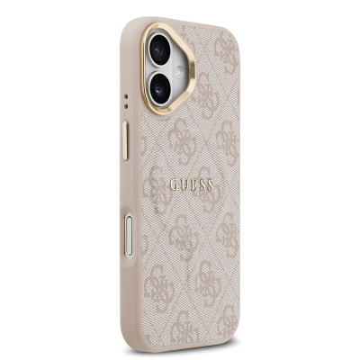 Apple iPhone 17 Case Guess Original Licensed M-safe Charging Feature Gold Metal Camera Frame PU Leather 4G Patterned Text Logo Cover - 29