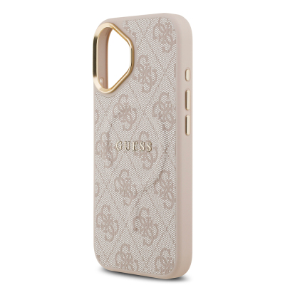 Apple iPhone 17 Case Guess Original Licensed M-safe Charging Feature Gold Metal Camera Frame PU Leather 4G Patterned Text Logo Cover - 31