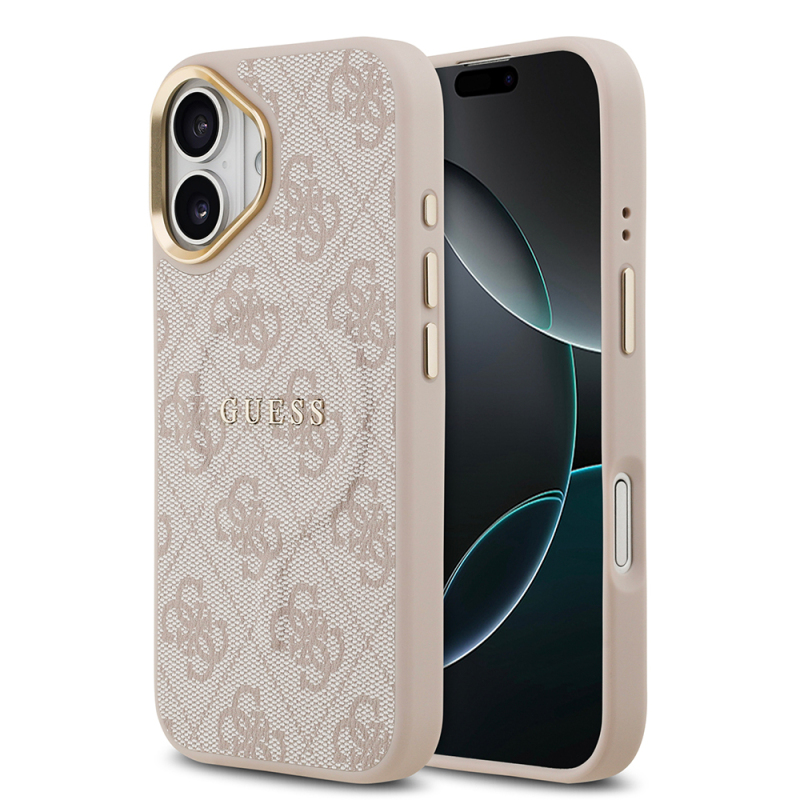 Apple iPhone 17 Case Guess Original Licensed M-safe Charging Feature Gold Metal Camera Frame PU Leather 4G Patterned Text Logo Cover - 5