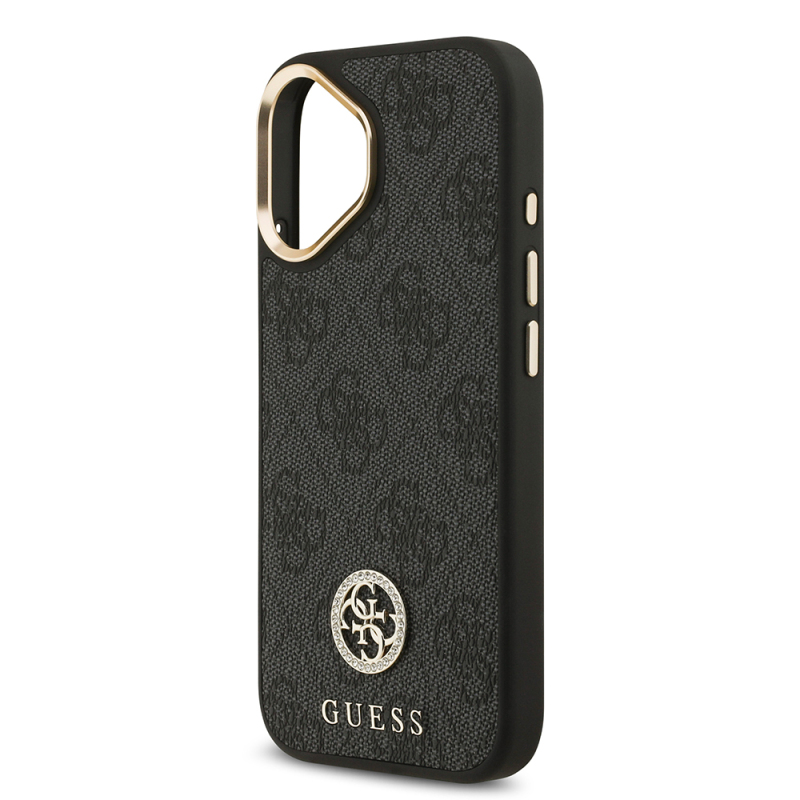 Apple iPhone 17 Case Guess Original Licensed M-safe Charging Feature Gold Metal Camera Frame Stone 4G Logo Cover - 7