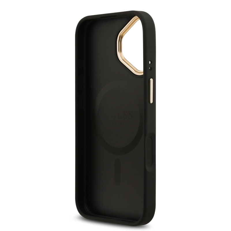 Apple iPhone 17 Case Guess Original Licensed M-safe Charging Feature Gold Metal Camera Frame Stone 4G Logo Cover - 8