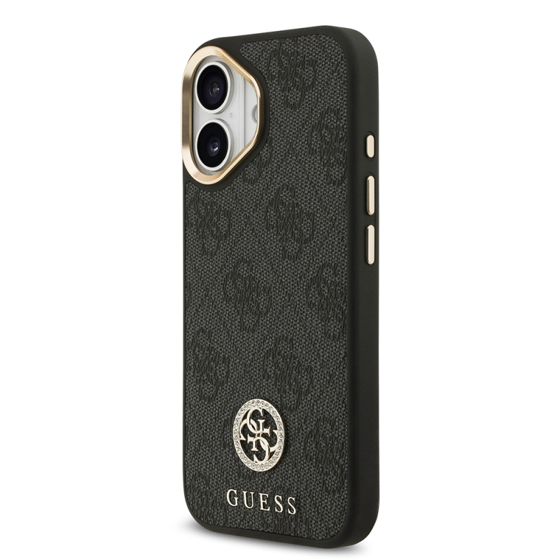 Apple iPhone 17 Case Guess Original Licensed M-safe Charging Feature Gold Metal Camera Frame Stone 4G Logo Cover - 9