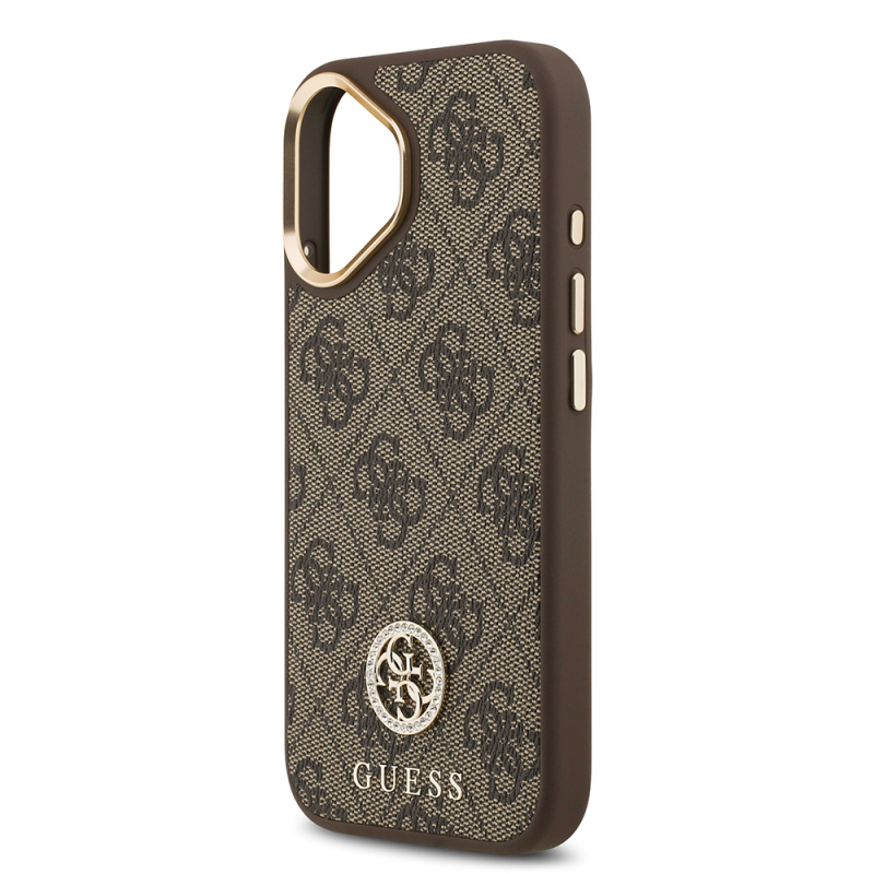 Apple iPhone 17 Case Guess Original Licensed M-safe Charging Feature Gold Metal Camera Frame Stone 4G Logo Cover - 14