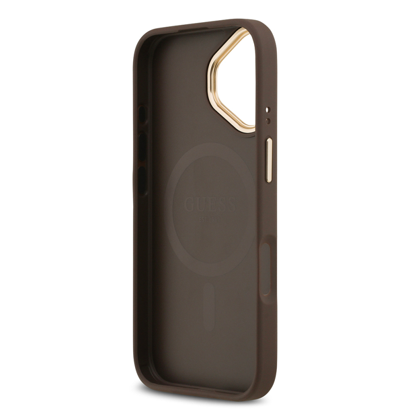 Apple iPhone 17 Case Guess Original Licensed M-safe Charging Feature Gold Metal Camera Frame Stone 4G Logo Cover - 15