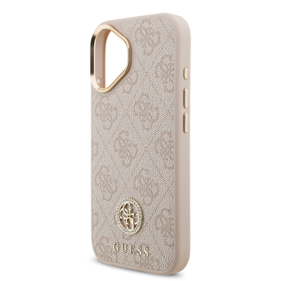 Apple iPhone 17 Case Guess Original Licensed M-safe Charging Feature Gold Metal Camera Frame Stone 4G Logo Cover - 23