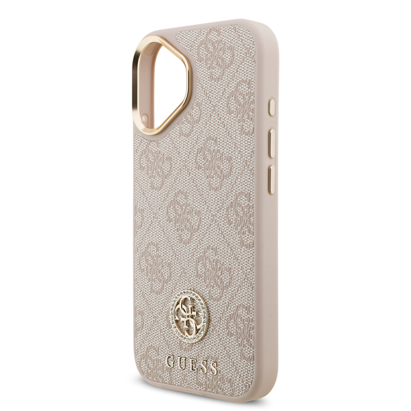 Apple iPhone 17 Case Guess Original Licensed M-safe Charging Feature Gold Metal Camera Frame Stone 4G Logo Cover - 23