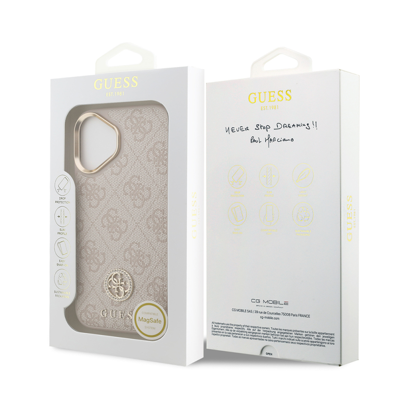 Apple iPhone 17 Case Guess Original Licensed M-safe Charging Feature Gold Metal Camera Frame Stone 4G Logo Cover - 25