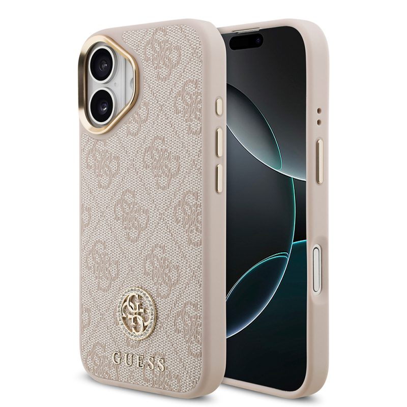 Apple iPhone 17 Case Guess Original Licensed M-safe Charging Feature Gold Metal Camera Frame Stone 4G Logo Cover - 4