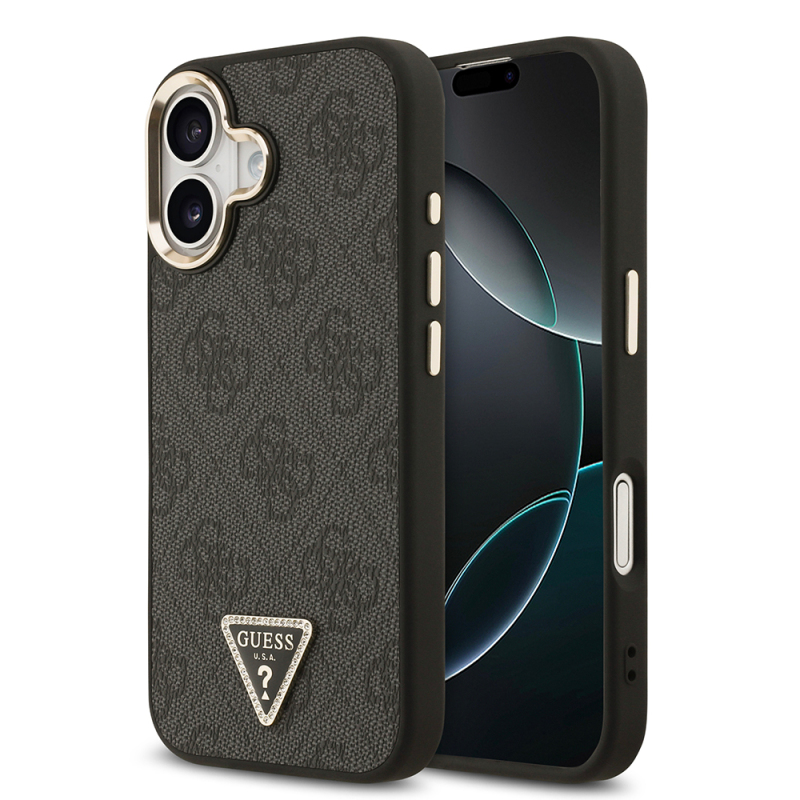 Apple iPhone 17 Case Guess Original Licensed M-safe Charging Feature Gold Metal Camera Frame Stone Triangle Logo 4G Patterned Cover - 2