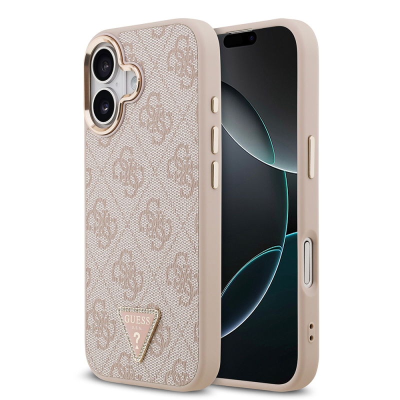 Apple iPhone 17 Case Guess Original Licensed M-safe Charging Feature Gold Metal Camera Frame Stone Triangle Logo 4G Patterned Cover - 4