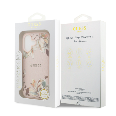 Apple iPhone 17 Case Guess Original Licensed M-safe Charging Feature Grained Flower Design Metal Lettering Logo Cover - 17