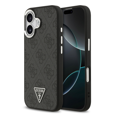 Apple iPhone 17 Case Guess Original Licensed M-safe Charging Feature Silver Metal Camera Frame Triangle Logo 4G Patterned Cover - 3