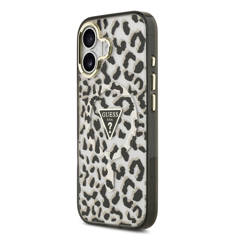 Apple iPhone 17 Case Guess Original Licensed M-Safe Charging Feature Triangle Logo Glitter Leopard Pattern Cover - 4